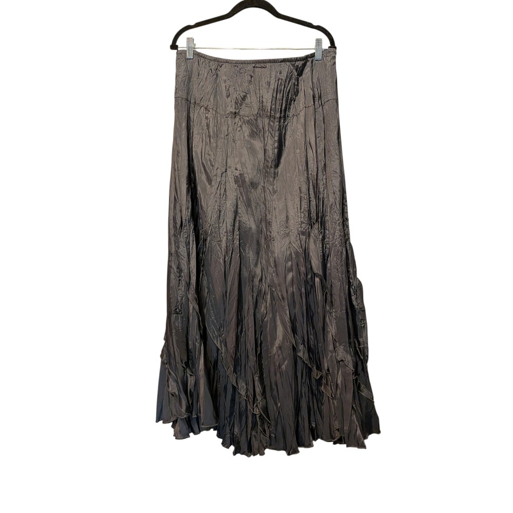 Karen Kane Grey Metallic Crinkle Ruffle Maxi Skirt XL Elastic Waist Charcoal